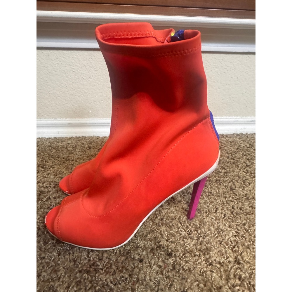 Aldo Neon Orange Sock Boots Peep Toe Stiletto Heel Gogo Retro Zip Womens 9/40